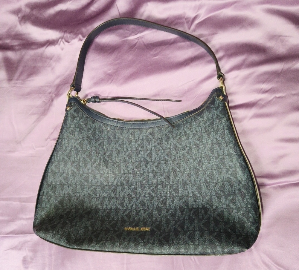Michael Kors Maeve Logo Large Monogram Shoulder Bag (Navy with Gold Accents)